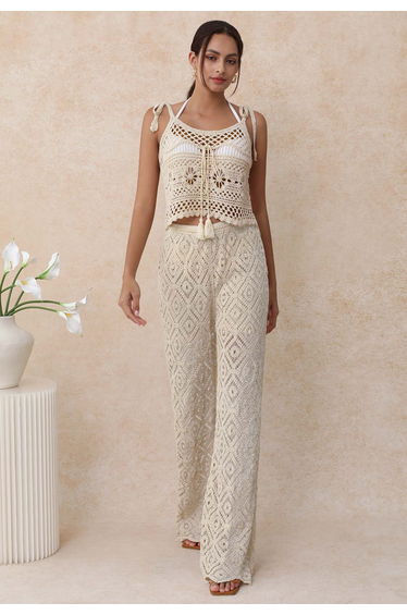 Tassel Front Open-Knit Crochet Cami Top in Sand