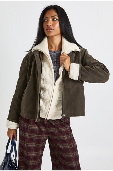 Faux Suede Collared Jacket - khaki