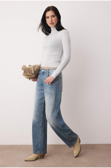 Gray melange transparent high neck flexible normal size knitted top