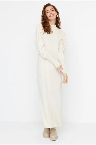 Grey Column Maxi Dress with Long Sleeves