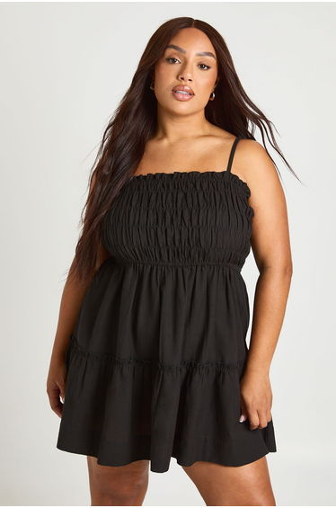 Plus Linen Look Strappy Shirred Tired Smock Dress - black