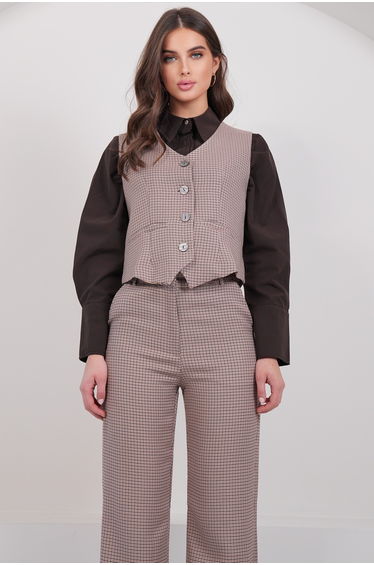 Women's Beige Plaid Patterned Lined Vest