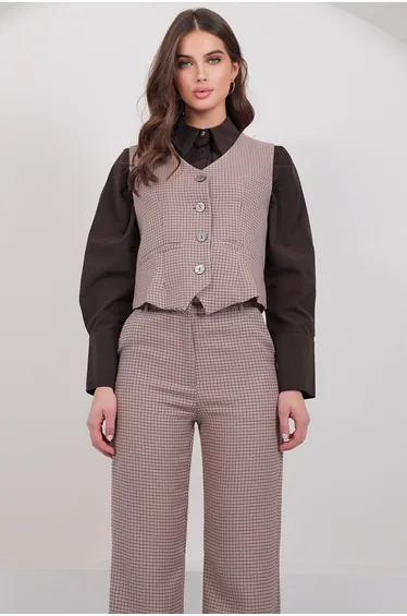 Women's Beige Plaid Patterned Lined Vest