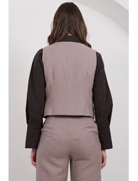 Women's Beige Plaid Patterned Lined Vest - 6