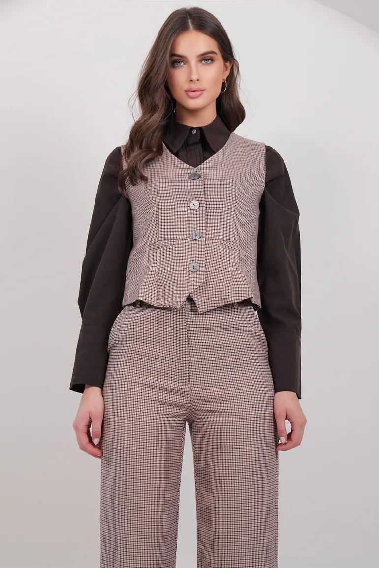 Women's Beige Plaid Patterned Lined Vest - 5