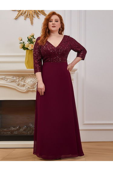 ever LUENA|Sexy V Neck Sequin Evening Dresses with 3/4 Sleeve