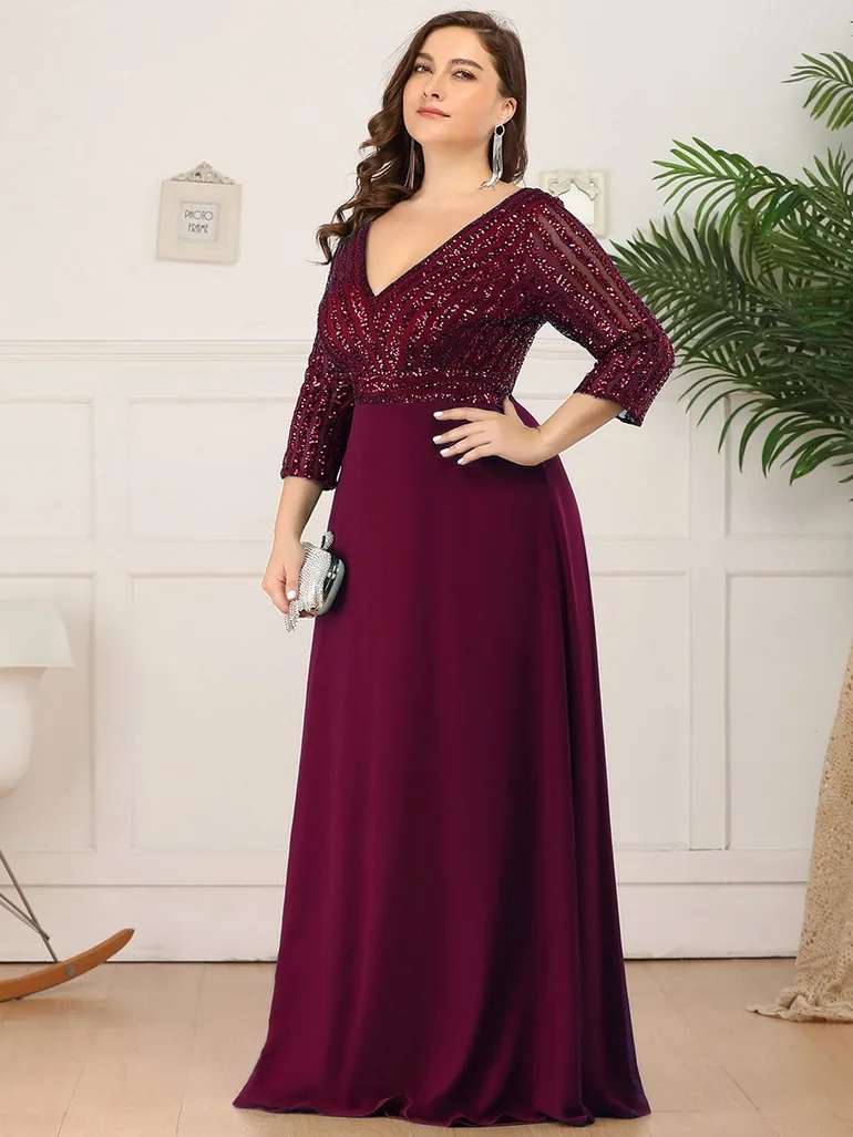 ever LUENA|Sexy V Neck Sequin Evening Dresses with 3/4 Sleeve - 2