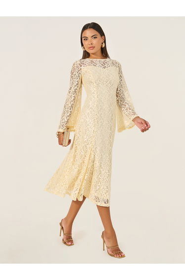 Solid Lace Bell Sleeves A-Line Midi Dress