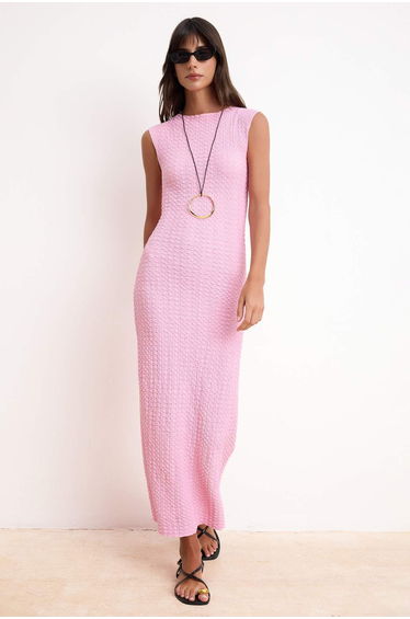 Pink Textured Fabric Fitted/Slim Fit Moon Sleeve Stretchy Knitted Midi Pencil Dress