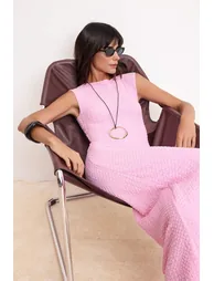 Pink Textured Fabric Fitted/Slim Fit Moon Sleeve Stretchy Knitted Midi Pencil Dress - 1