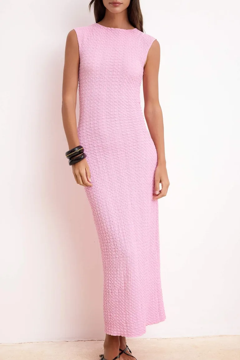 Pink Textured Fabric Fitted/Slim Fit Moon Sleeve Stretchy Knitted Midi Pencil Dress - 2