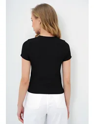 Women's Black Crew Neck Teddy Bear Printed Crop Blouse - 5