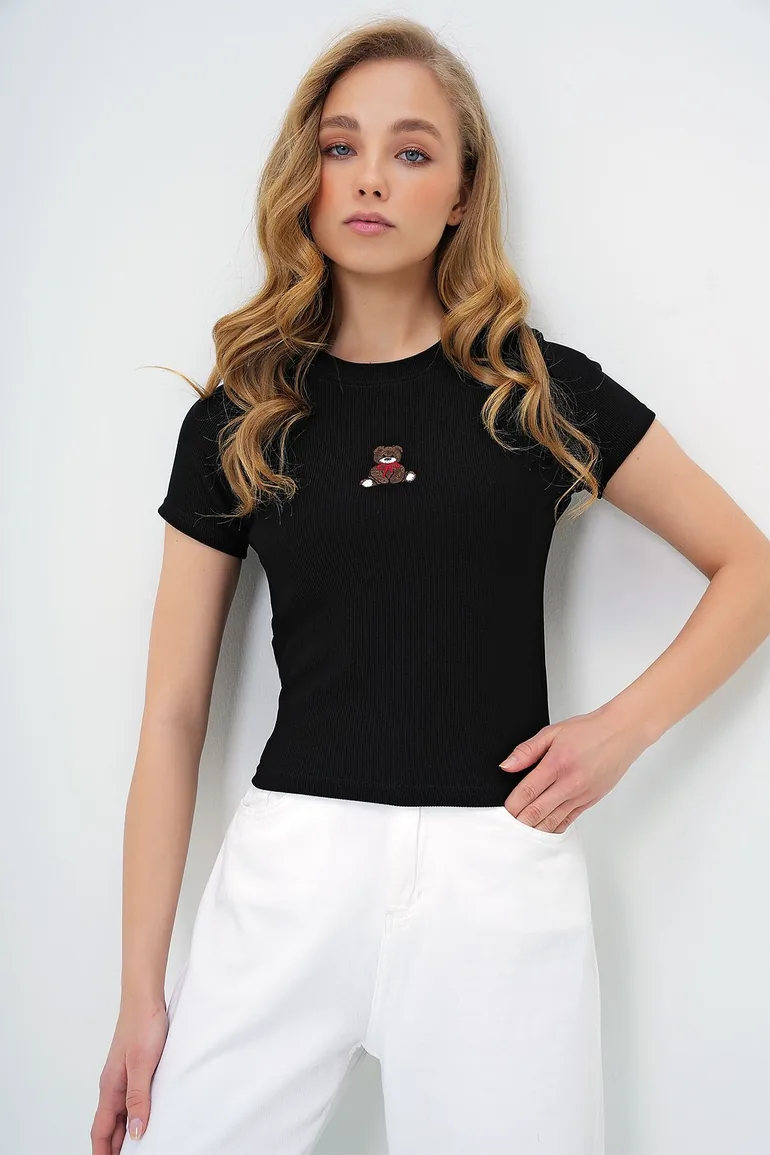 Women's Black Crew Neck Teddy Bear Printed Crop Blouse - 2