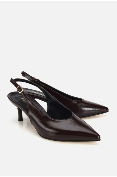Women's Brown Pointed Toe Wrinkled Patent Leather Open Back Mid Heel Shoes