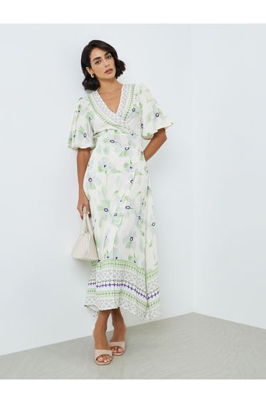 Women Green Floral Print Puff Sleeves Dress