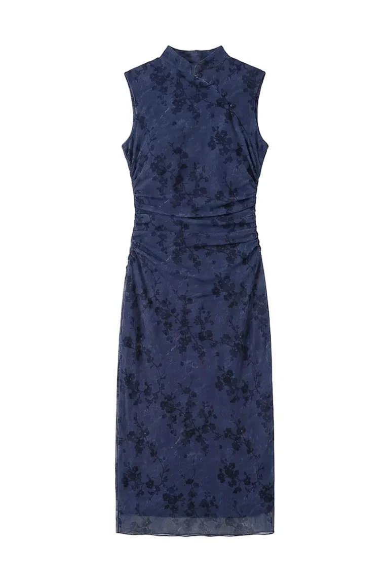 Floral Qipao Neck Midi Dress - 5