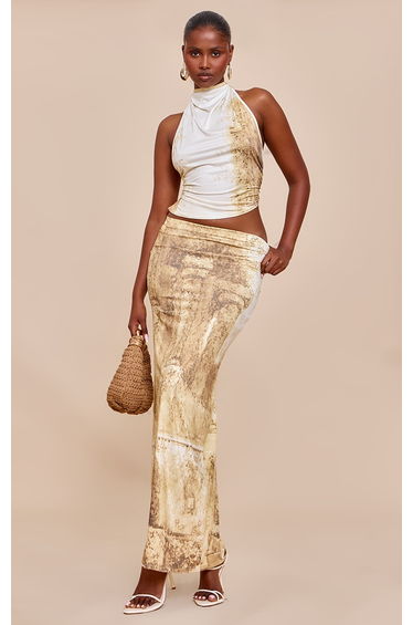 Cream Print Slinky Mid Rise Maxi Skirt