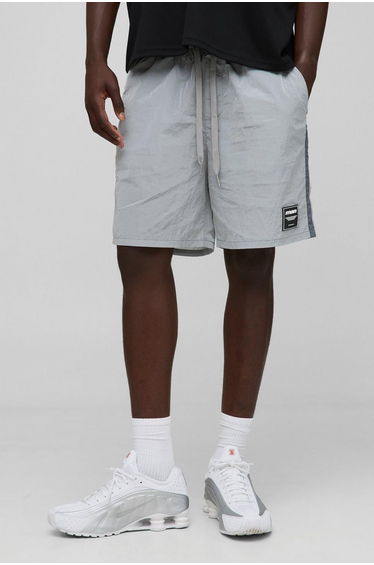 Relaxed Fit High Shine Crinkle Nylon Shorts - light grey