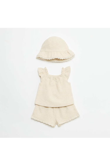 3-piece ribbed knit set - shorts + T-shirt + bucket hat BEIGE