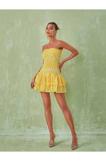 Bertha Strapless Ruffle Mini Dress In Yellow
