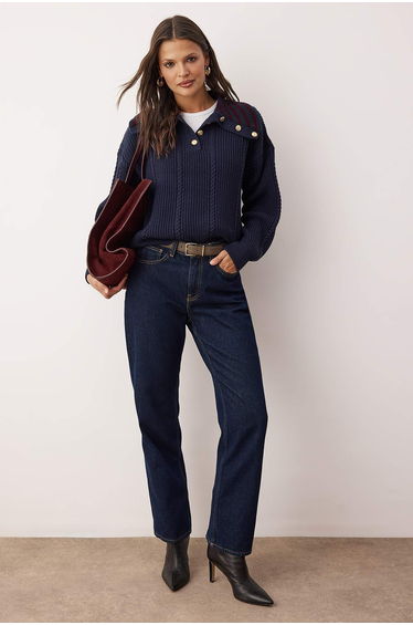 Navy Blue Hair Braided Wide Fit Turn-Down Collar Knitwear Sweater