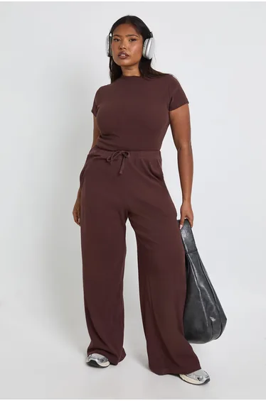 Plus Basic Rib Short Sleeve Fitted Top - chocolate