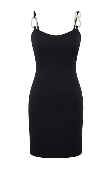 Black Plain Accessory Detailed Woven Finike Short / Mini Unlined Day / Evening Dress