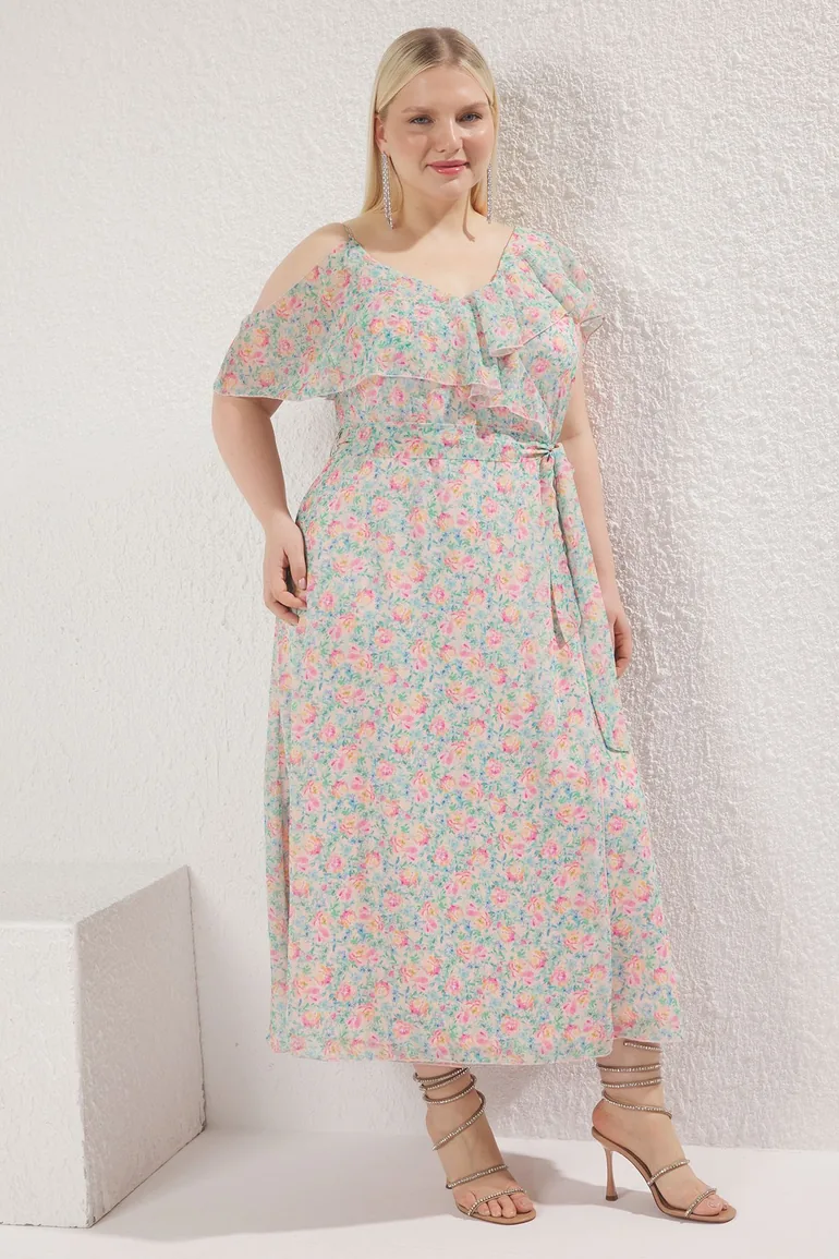 Multicolored Floral Chiffon Ruffle Midaxi Woven Plus Size Dress Trendyol  Curve Multicolour : Dresses : VogaCloset Oman