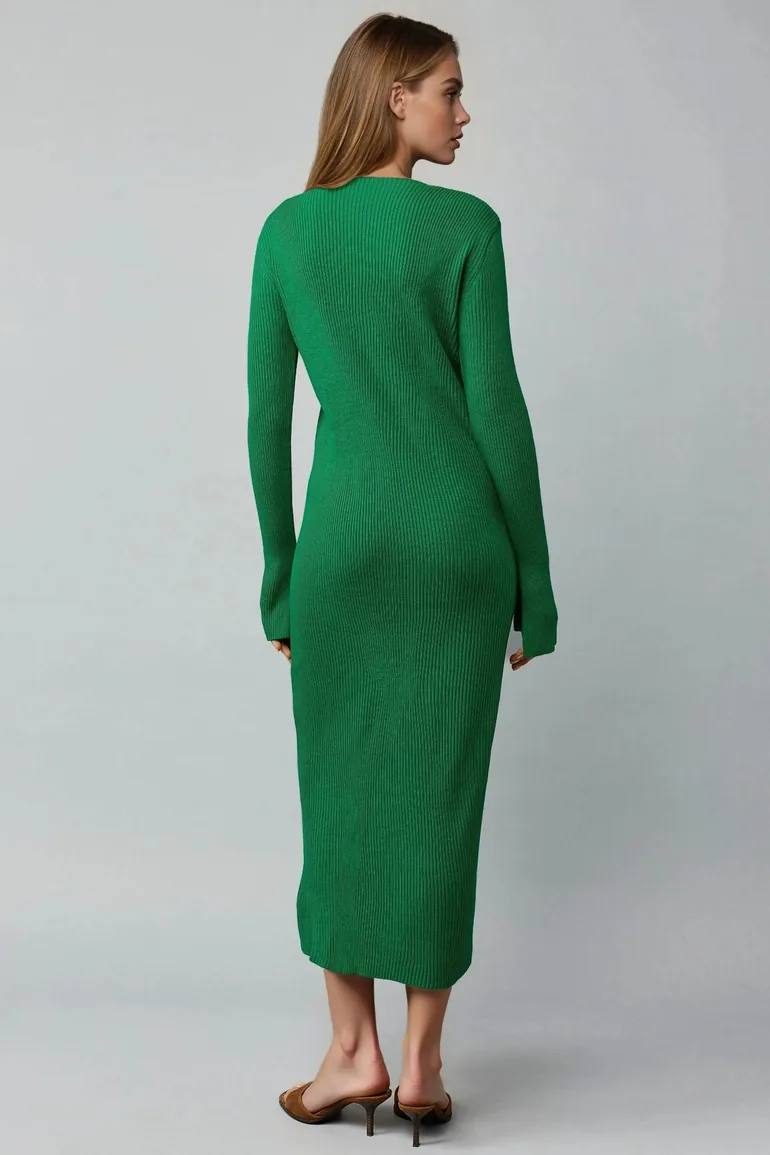MY FASHION V-Neck Textured Knit Dress with Slit - 2