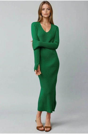 MY FASHION V-Neck Textured Knit Dress with Slit