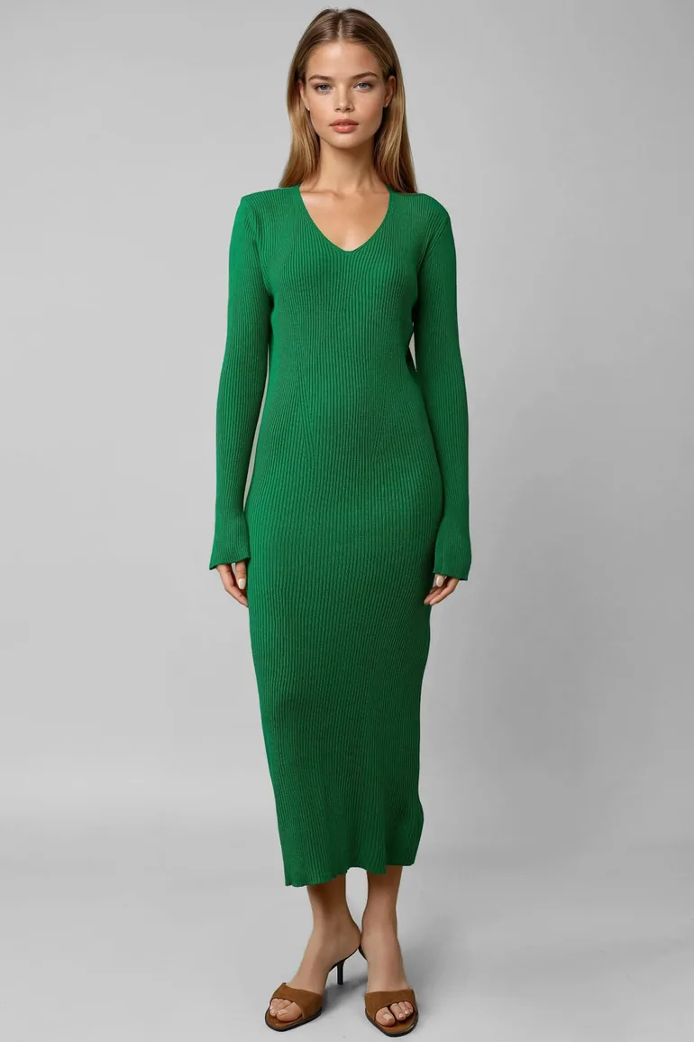 MY FASHION V-Neck Textured Knit Dress with Slit - 5