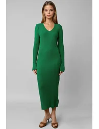 MY FASHION V-Neck Textured Knit Dress with Slit - 5