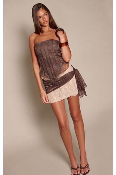 Cream Contrast Lace Wrap Mini Skirt