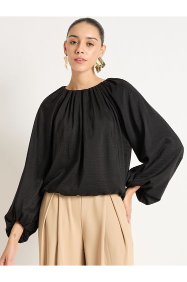 Black Balloon Sleeve Round Neck Top