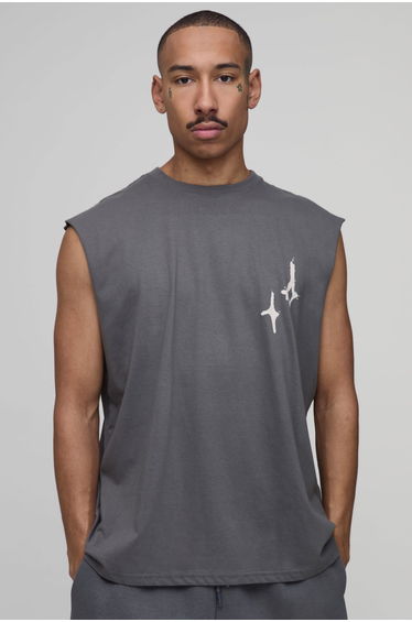 Charcoal Oversized Star Graffiti Spray Print Tank - charcoal