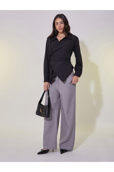 Solid Long Sleeve Wrap Top with Button Detail