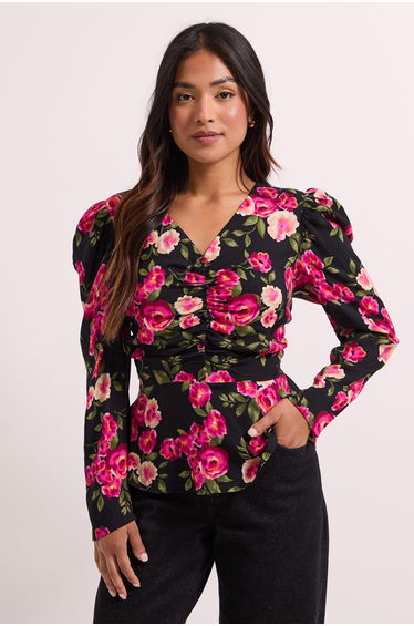 Petite Button Detail Printed Peplum Blouse Floral