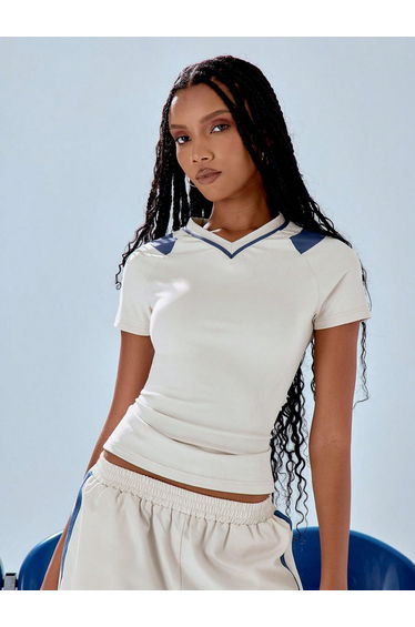 White Contrast Trim V Neck Raglan Sleeve T-Shirt