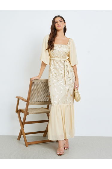Women Beige Embroidered Ruffled Hem Maxi Dress