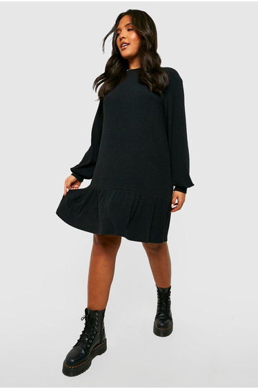 Plus Soft Rib Ruffle Hem Smock Dress - black