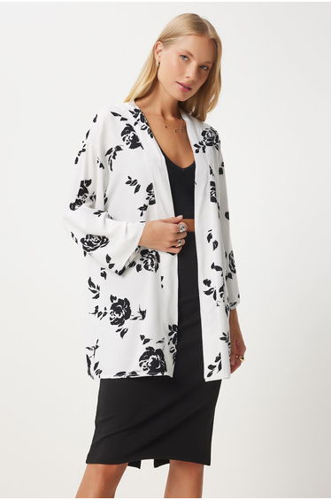 Women's White Patterned Viscose Kimono