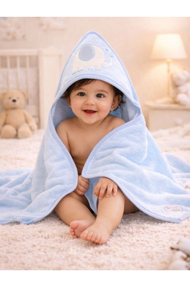 Baby Cotton Hooded Towel, Elephant Print, 75 × 75 cm - Blue