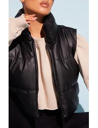 Black Faux Leather Drop Hem Gilet - 3