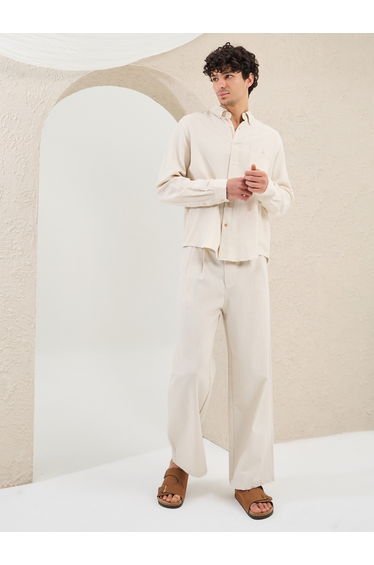 Solid Linen Blend Pleated Oversized Fit Trousers