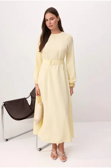Yellow Belted Unlined Plain Woven Dress  Linen