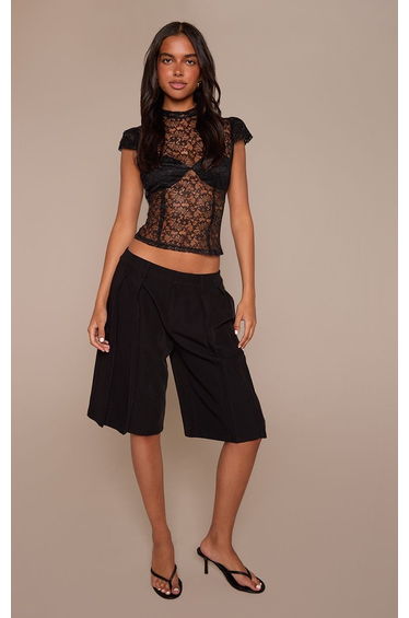 Black Lace Short Sleeve High Neck Top