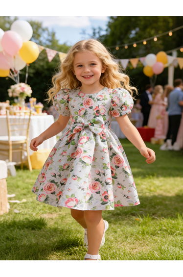 Girls Floral Print Puff Sleeve Pleated Dress