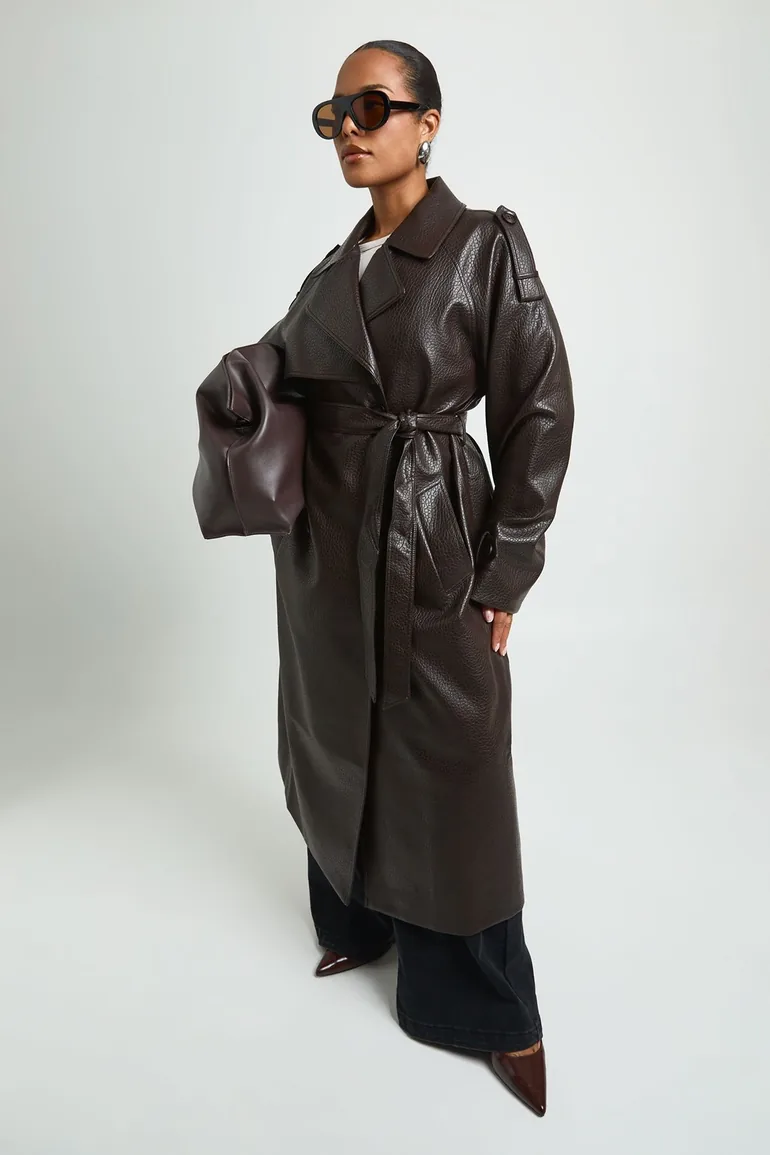 Plus Faux Leather Belted Trench Coat - chocolate - 2