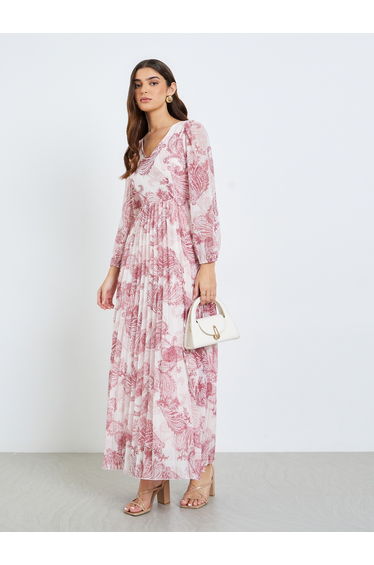 Women Pink Printed Balloon Sleeve A-Line Maxi Dress