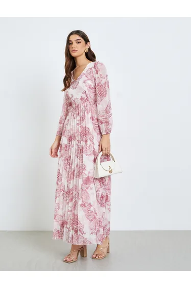 فستان ماكسي بتصميم بشكل A بأكمام منفوخة بطبعة - زهري